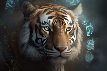 Stunning artwork portraying a captivating tiger's cinematic journey featuring majestic wildlife and futuristic design. Generative AI