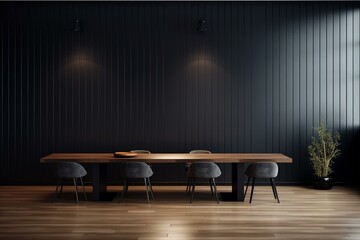 Empty black partition in contemporary office hall with conference table, wooden floor, and dark wall background. Generative AI - obrazy, fototapety, plakaty