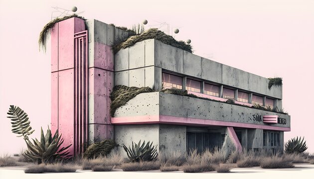 render photorealistic rendering watercolour architecture of a long linear lowrise building corner perspective image new andean architecture macroscopic gills lamellae 8k 32k highlights of pink neon 