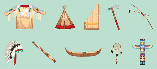 Set of Native American symbols on color background