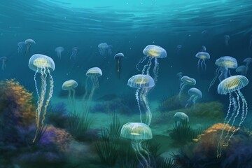 Fototapeta na wymiar Background depicting a digital environment suitable for virtual jellyfish habitat. Generative AI