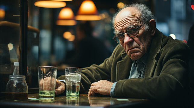 lonely gray-haired and sad old man sitting in a bar on a blurred background. loneliness concept