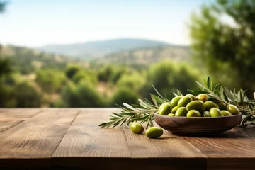 Fototapeten Green olives during harvest. Background with selective focus and copy space © top images