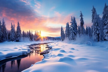 Stunning beauty of winter nature with snow during the holiday season. Merry christmas and happy new...