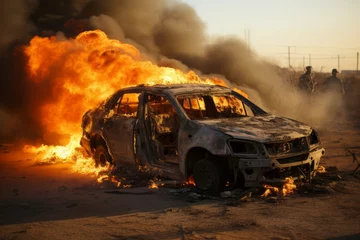 Photo sur Plexiglas Naufrage Burning car concept of war in Israel. Background with selective focus and copy space