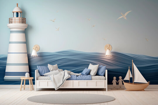 Sea theme. Creative and bright eco design of a children's room. Bright fantasy wallpaper on the wall of children's room