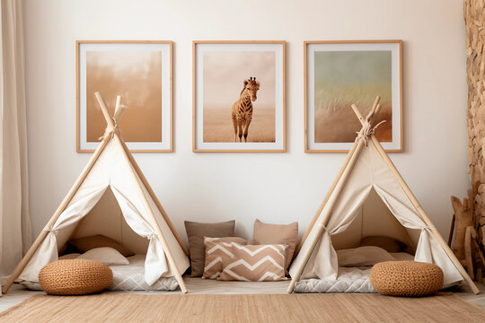 Safari theme. Creative and bright eco design of a children's room. Bright fantasy wallpaper on the wall of children's room