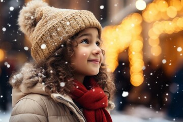 Child at the Christmas market. Portrait with selective focus and copy space