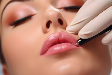 Permanent lip makeup. Background with selective focus and copy space - obrazy, fototapety, plakaty