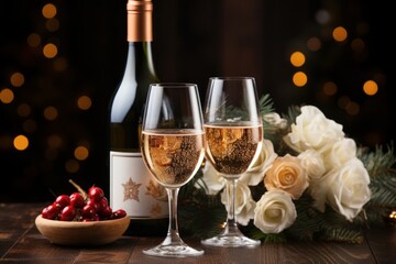 two glasses of champagne and christmas decorations