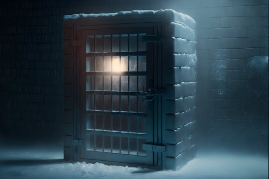 frozen ice jail cell atmospheric horror dramatic lighting cinema still movie real hyper realistic octane render 4k 