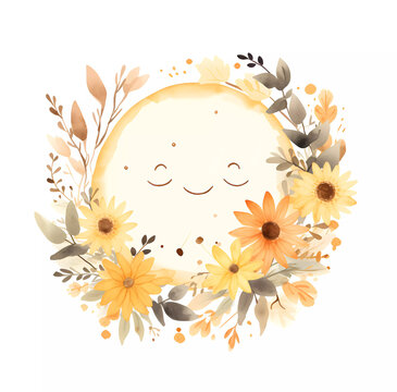 Moon In Floral Wreath Watercolor Clipart