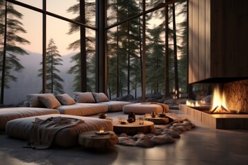 Luxurious hall in minimalism style with a fireplace and window, Forest outside.