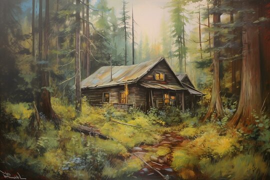 A forest house painting. Generative AI
