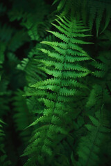 Native fern branches in a dark natural forest, with beautiful green leaves and silver cool cinematic lighting. Dark rainforest, subtropical, close up nature photography of plants and trees