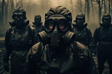 Soldiers wearing gas masks. - obrazy, fototapety, plakaty