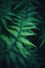 Fototapeta na wymiar Native fern branches in a dark natural forest, with beautiful green leaves and silver cool cinematic lighting. Dark rainforest, subtropical, close up nature photography of plants and trees