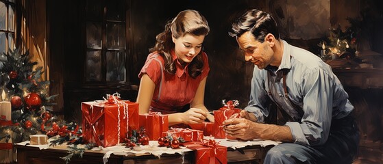 Vintage watercolor of parents Christmas wrapping  presents. Retro 1950s painting of couple with gifts.