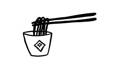 Japanese noodles in a bowl and chopsticks. Vector. Sketch, hand drawing, illustration, doodle, ink. Cafe, restaurant, lunch, hot food, traditional oriental cuisine. Black on white. Eps10