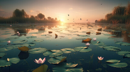 A serene lake into a mesmerizing scene with levitating lily pads and reflective butterflies - obrazy, fototapety, plakaty