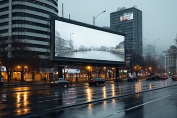 Fototapeta na wymiar Immense panneau d'affichage géant horizontale, dans une belle ville en extérieur, publicité du futur, mockup pour bannière et format 16:9