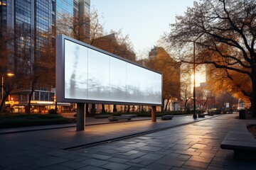 Immense panneau d'affichage géant horizontale, dans une belle ville en extérieur, publicité du futur, mockup pour bannière et format 16:9 - obrazy, fototapety, plakaty