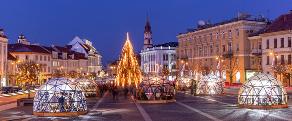 Decorated Christmas tree and Market at night. Vilnius, Lithuania, Baltic states.