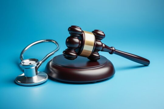 Legal healthcare concept with gavel and stethoscope on blue background. Generative AI