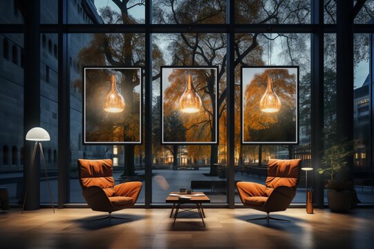 Mockup d'affiche dans une salle d'exposition au dessus d'un lounge avec un jolie design et belle architecture,  format d'affichage A4, A3, A2, deux fauteuils vide, interview, cosy, chaleureux