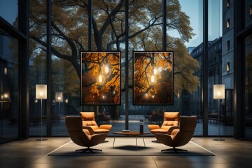 Mockup d'affiche dans une salle d'exposition au dessus d'un lounge avec un jolie design et belle architecture,  format d'affichage A4, A3, A2, deux fauteuils vide, interview, cosy, chaleureux - obrazy, fototapety, plakaty