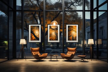 Mockup d'affiche dans une salle d'exposition au dessus d'un lounge avec un jolie design et belle architecture,  format d'affichage A4, A3, A2, deux fauteuils vide, interview, cosy, chaleureux