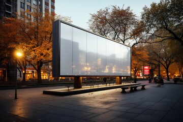 Immense panneau d'affichage géant horizontale, dans une belle ville en extérieur, publicité du futur, mockup pour bannière et format 16:9