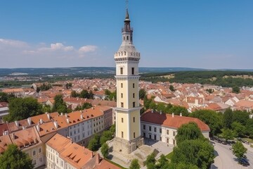 Aerial view fire-watch tower Ovaros Square, Veszprem medieval buildings sunny summer clear blue sky. Generative AI