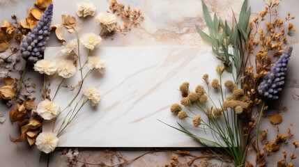 frame of dried flowers on wooden background