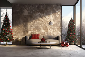 Interior view modern living room, with high ceiling and stone tile wall and minimal furniture decorated with Christmas ornaments and outdoor forest in winter season.