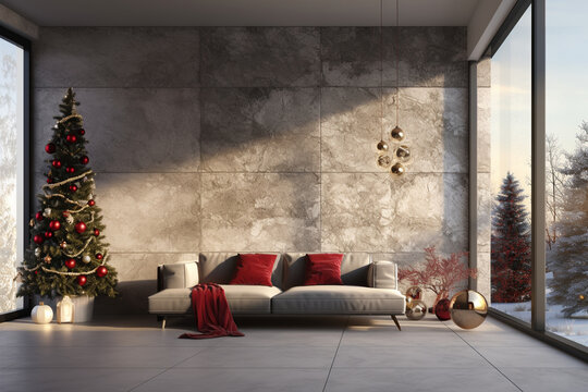 Fototapeta Interior view modern living room, with high ceiling and stone tile wall and minimal furniture decorated with Christmas ornaments and outdoor forest in winter season.