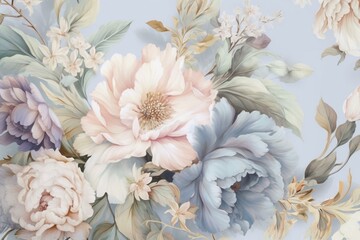 A dreamy wallpaper featuring intricate details of pastel blooms with a blue and gold tone, evoking a fantasy fairytale aesthetic in a luxurious rococo style background. Generative AI - obrazy, fototapety, plakaty