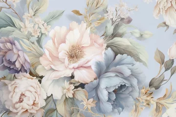 Fotobehang A dreamy wallpaper featuring intricate details of pastel blooms with a blue and gold tone, evoking a fantasy fairytale aesthetic in a luxurious rococo style background. Generative AI © Melisande