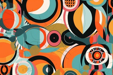 Colorful, vibrant graphic print with a retro feel reminiscent of the 60s and 70s. Generative AI