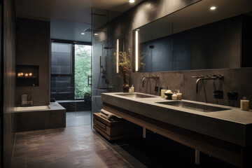 Fototapeta na wymiar A Captivating Snapshot of a Modern Bathroom with Industrial Elegance, featuring Exposed Pipes and Concrete Countertops in a Stylish, Minimalistic and Edgy Design.
