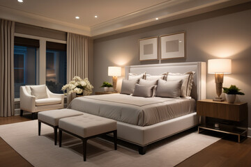 Elegant Tranquility: A Captivating Bedroom Interior with Luxurious Furniture, Soft Lighting, and Serene Ambiance, Creating a Harmonious Blend of Transitional Style and Timeless Elegance.