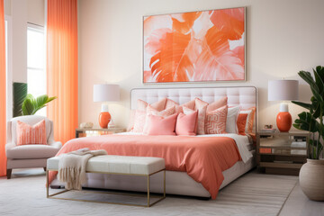 A Captivating Coral-Colored Bedroom Interior, Creating a Serene Oasis with Warmth, Tranquility, and Stylish Furniture for a Dreamy and Inviting Personal Sanctuary.