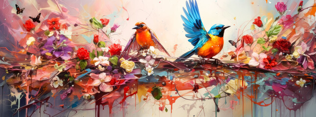 A beautiful painting of colorful brushes and paint splashes, bird shape color splash, dynamic energy flow, light gold and orange.