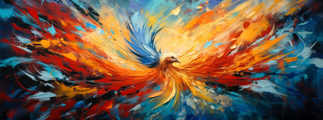 Obraz premium A beautiful painting of colorful brushes and paint splashes, bird shape color splash, dynamic energy flow, light gold and orange.