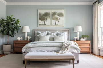 A Tranquil Bedroom Retreat: Serene Oasis with a Soothing Sage Green Color Scheme, Organic Aesthetics, and Rejuvenating Ambiance for Restful and Peaceful Rejuvenation.
