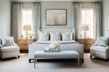 Create your own restful sanctuary with Serene Haven: A dreamy bedroom oasis filled with soothing sky blue colors, tranquil ambiance, cozy furniture, and refreshing accents.