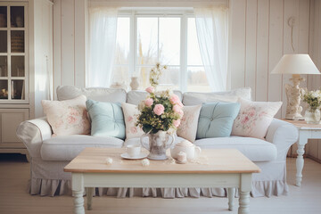 A Cozy Shabby Chic Living Room with Vintage-inspired Furniture, Soft Pastel Tones, and Rustic Charm Creating a Feminine and Elegant Ambiance.