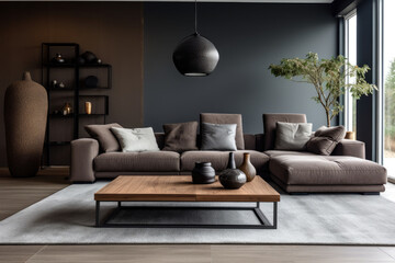 A Cozy and Elegant Living Room Interior in Brown and Gray Colors, Featuring Modern Furniture and Stylish Decor with Natural Lighting, Decorative Accessories, and a Soothing Ambiance.