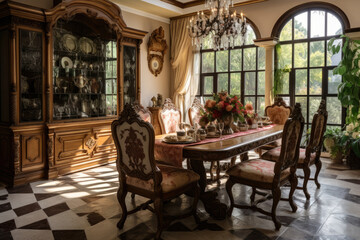 Fototapeta na wymiar Step into a Luxurious Dining Room of Traditional Italian Elegance, adorned with Ornate Furniture, Warm Earth Tones, and Intricate Craftsmanship, creating an Inviting and Cozy Ambiance.