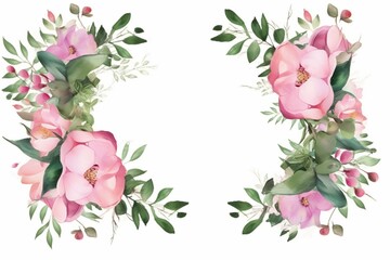 A decorative frame adorned with pink watercolor flowers and green eucalyptus. Generative AI